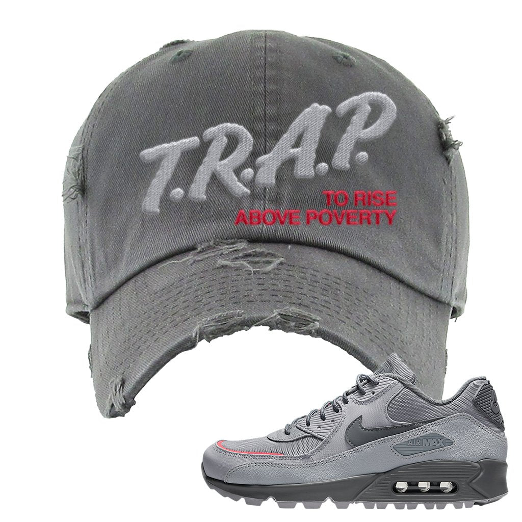 Wolf Grey Surplus 90s Distressed Dad Hat | Trap To Rise Above Poverty, Dark Gray