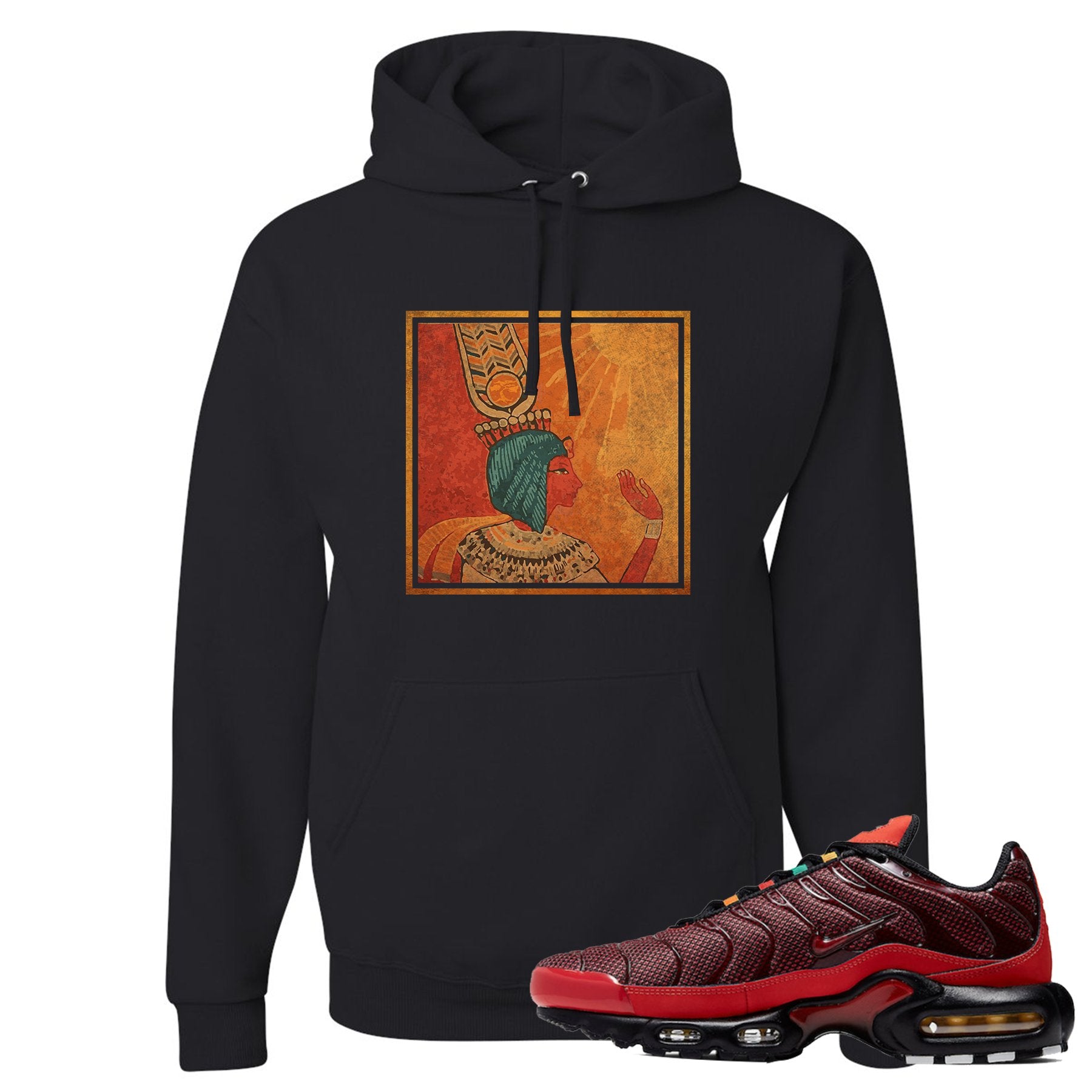 Printed on the front of the air max plus sunburst sneaker matching black pullover hoodie is the vintage egyptian logo