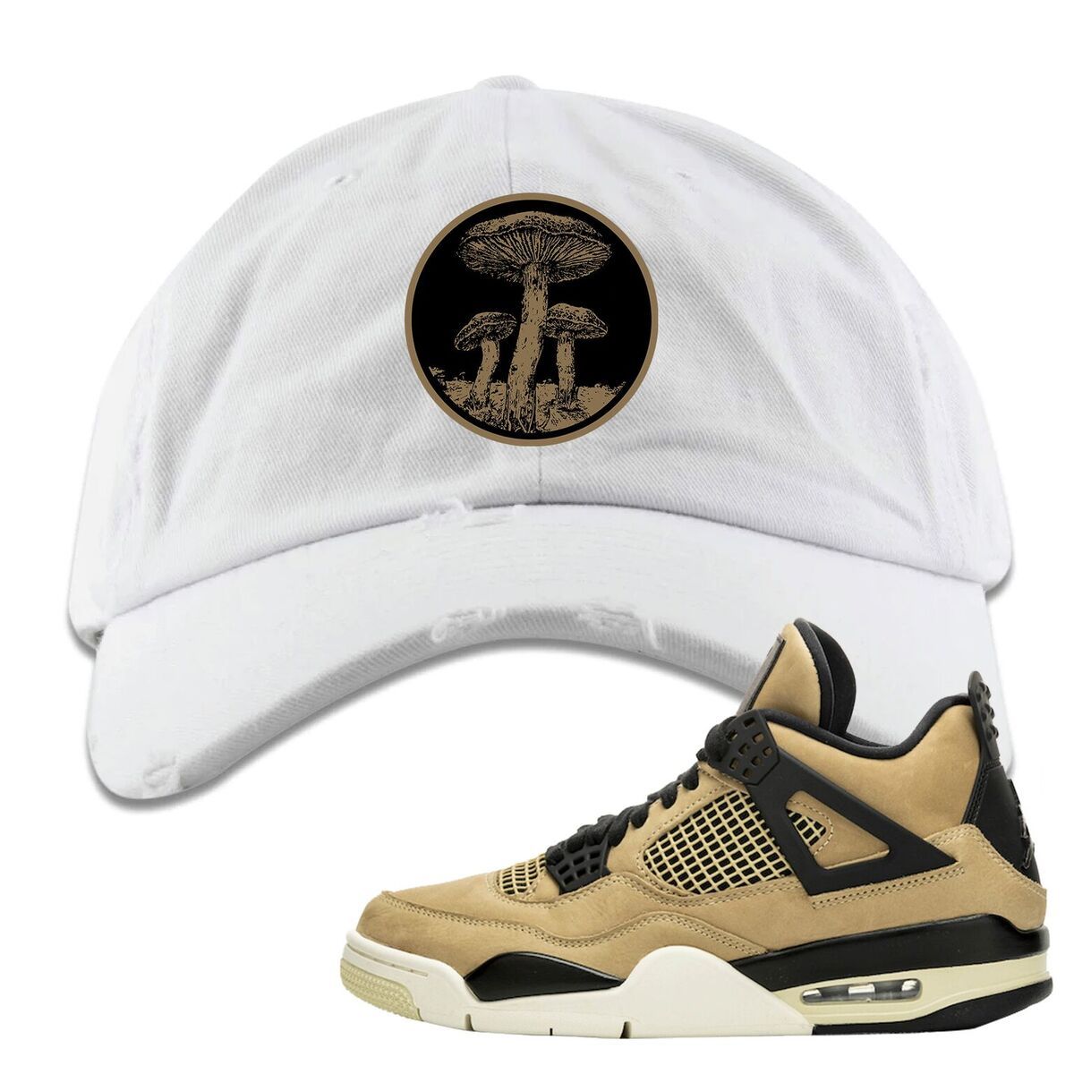 Jordan 4 WMNS Mushroom Sneaker Matching White Mushroom Logo Distressed Dad Hat