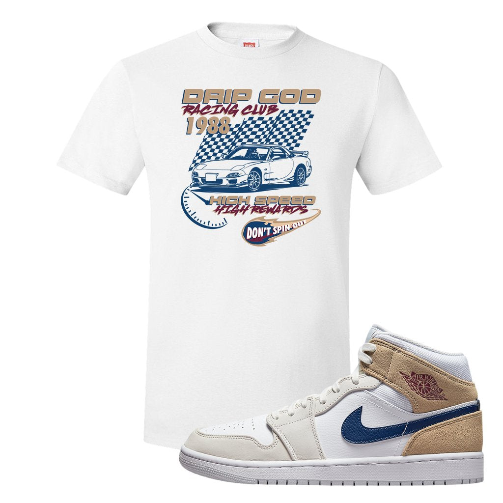 White Tan Navy 1s T Shirt | Drip God Racing Club, White