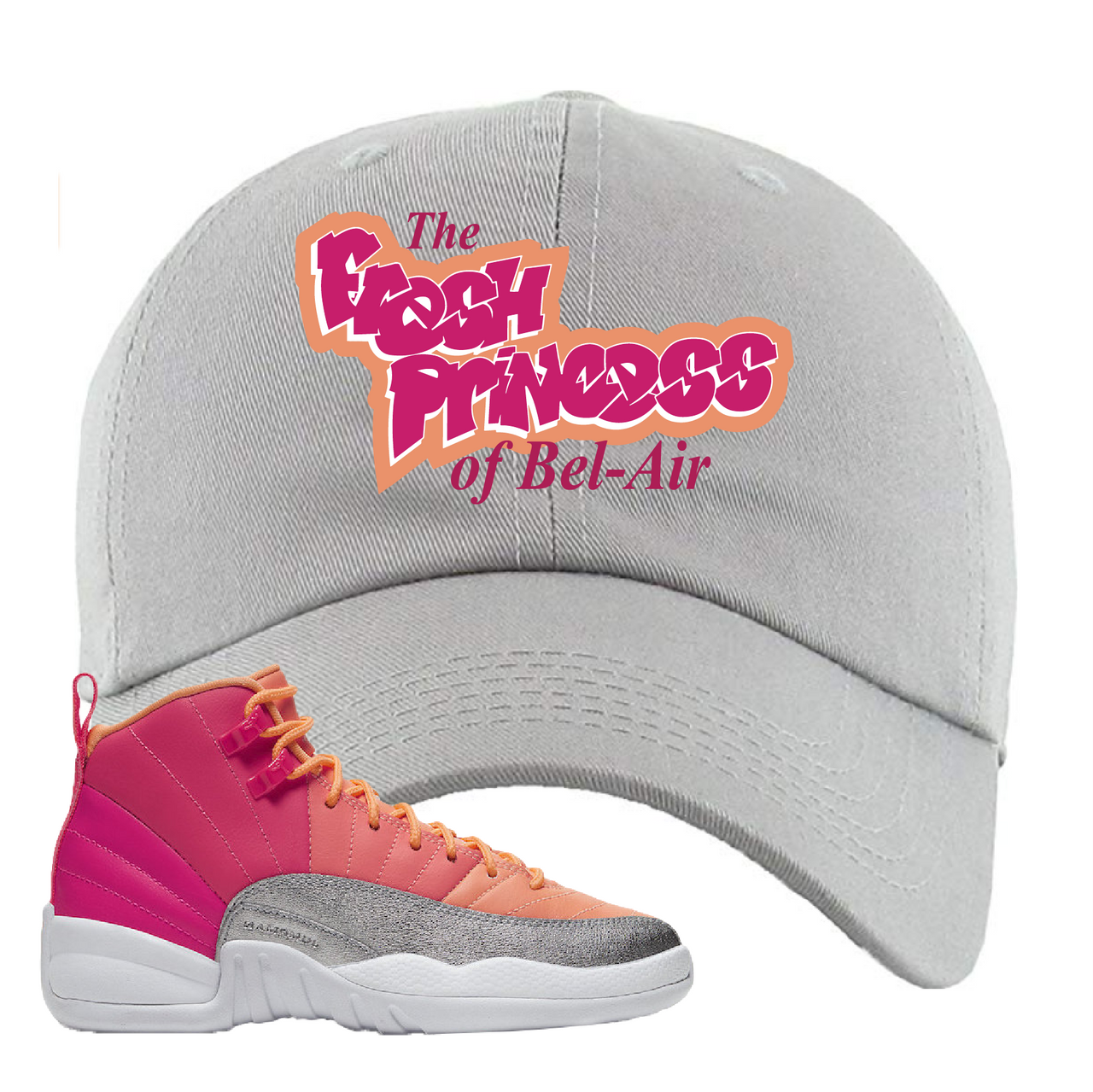Air Jordan 12 GS Hot Punch Fresh Princess of Bel Air Light Gray Sneaker Matching Dad Hat