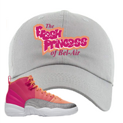 Air Jordan 12 GS Hot Punch Fresh Princess of Bel Air Light Gray Sneaker Matching Distressed Dad Hat