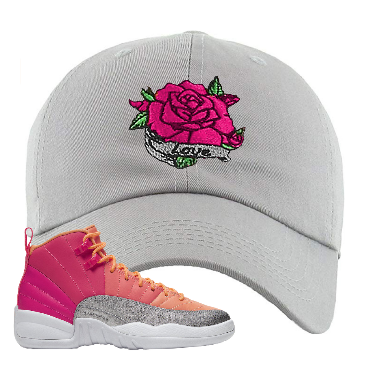 Air Jordan 12 GS Hot Punch Rose Love Light Gray Sneaker Matching Dad Hat