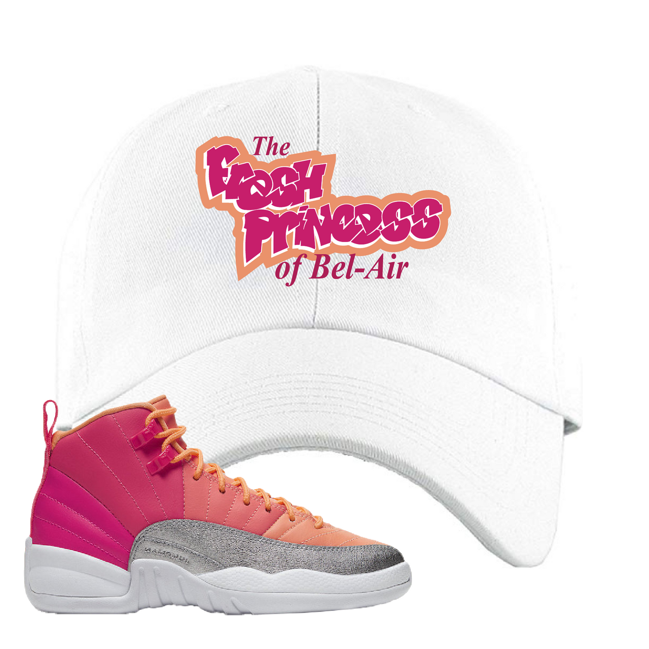 Air Jordan 12 GS Hot Punch Fresh Princess of Bel Air White Sneaker Matching Dad Hat