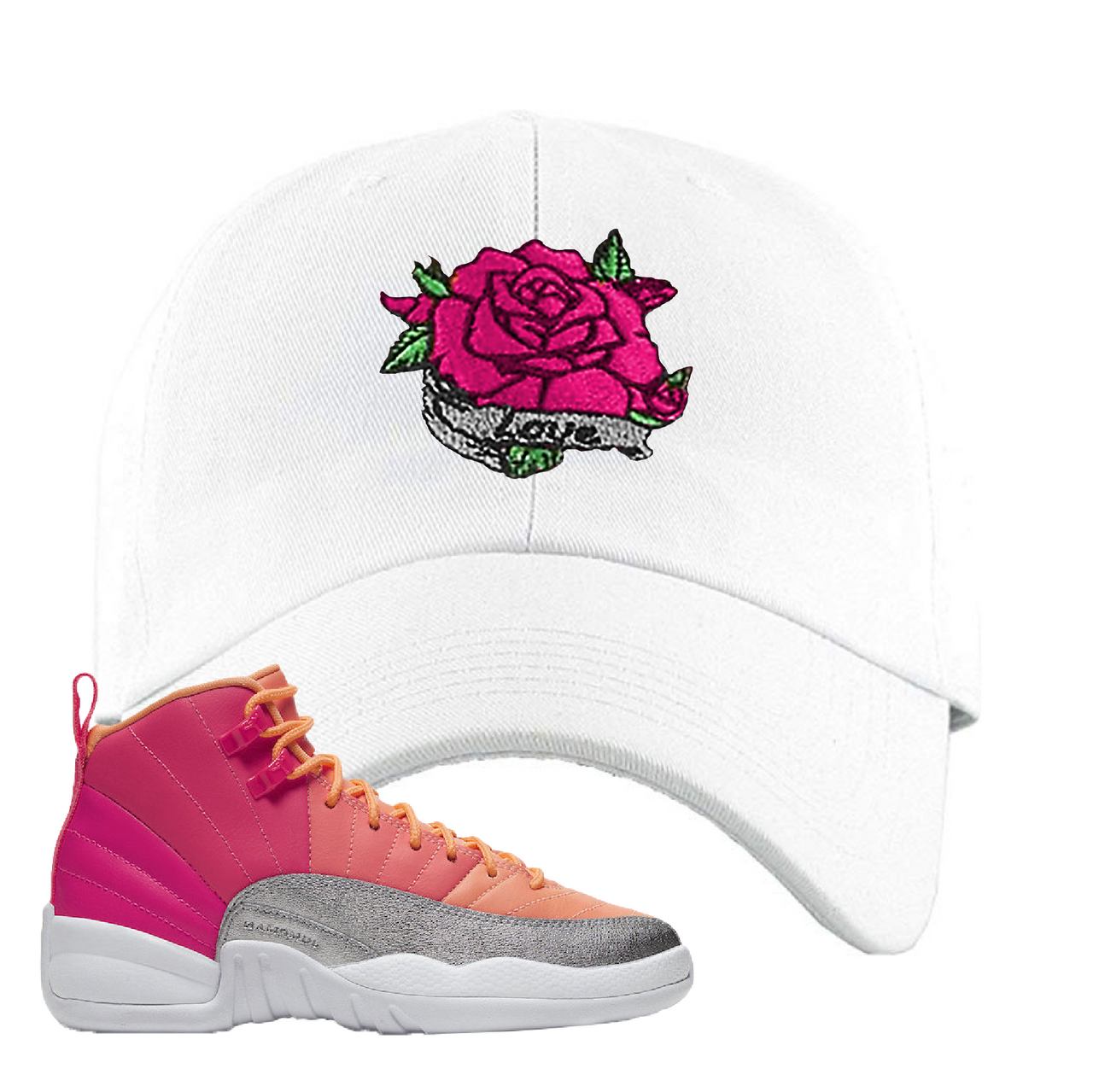 Air Jordan 12 GS Hot Punch Rose Love White Sneaker Matching Dad Hat