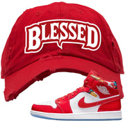 Barcelona Sweater Mid 1s Distressed Dad Hat | Blessed Arch, Red