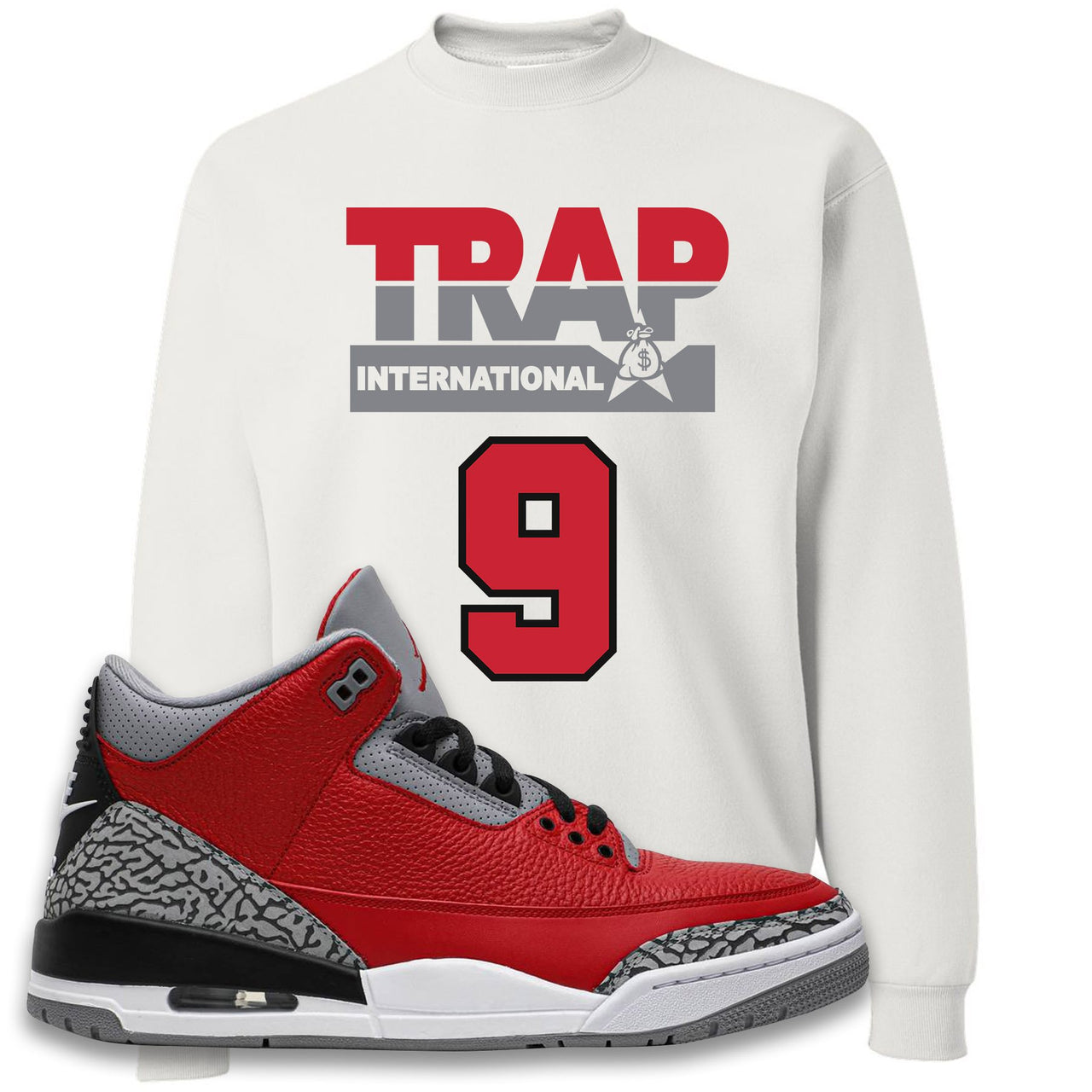 Chicago Exclusive Jordan 3 Red Cement Sneaker White Crewneck Sweatshirt | Crewneck to match Jordan 3 All Star Red Cement Shoes | Trap International