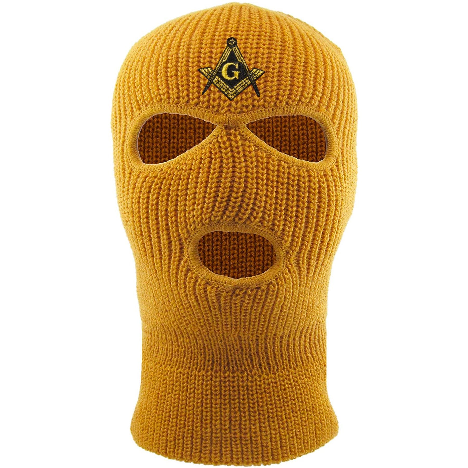 Embroidered on the front of the timberland masonic ski mask is the free mason square mason logo embroidered in black and gold