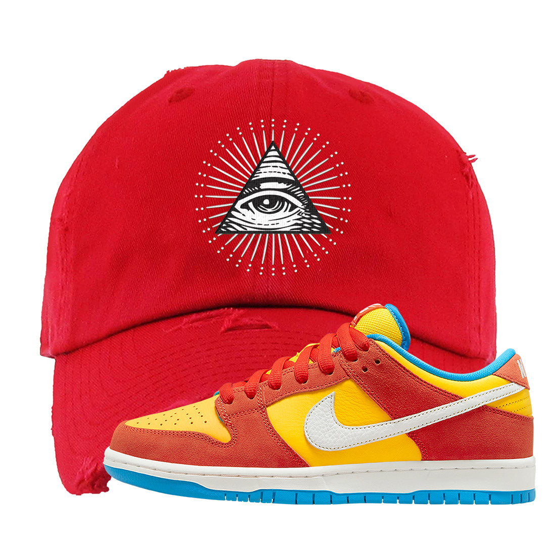 Habanero Red Gold Blue Low Dunks Distressed Dad Hat | All Seeing Eye, Red