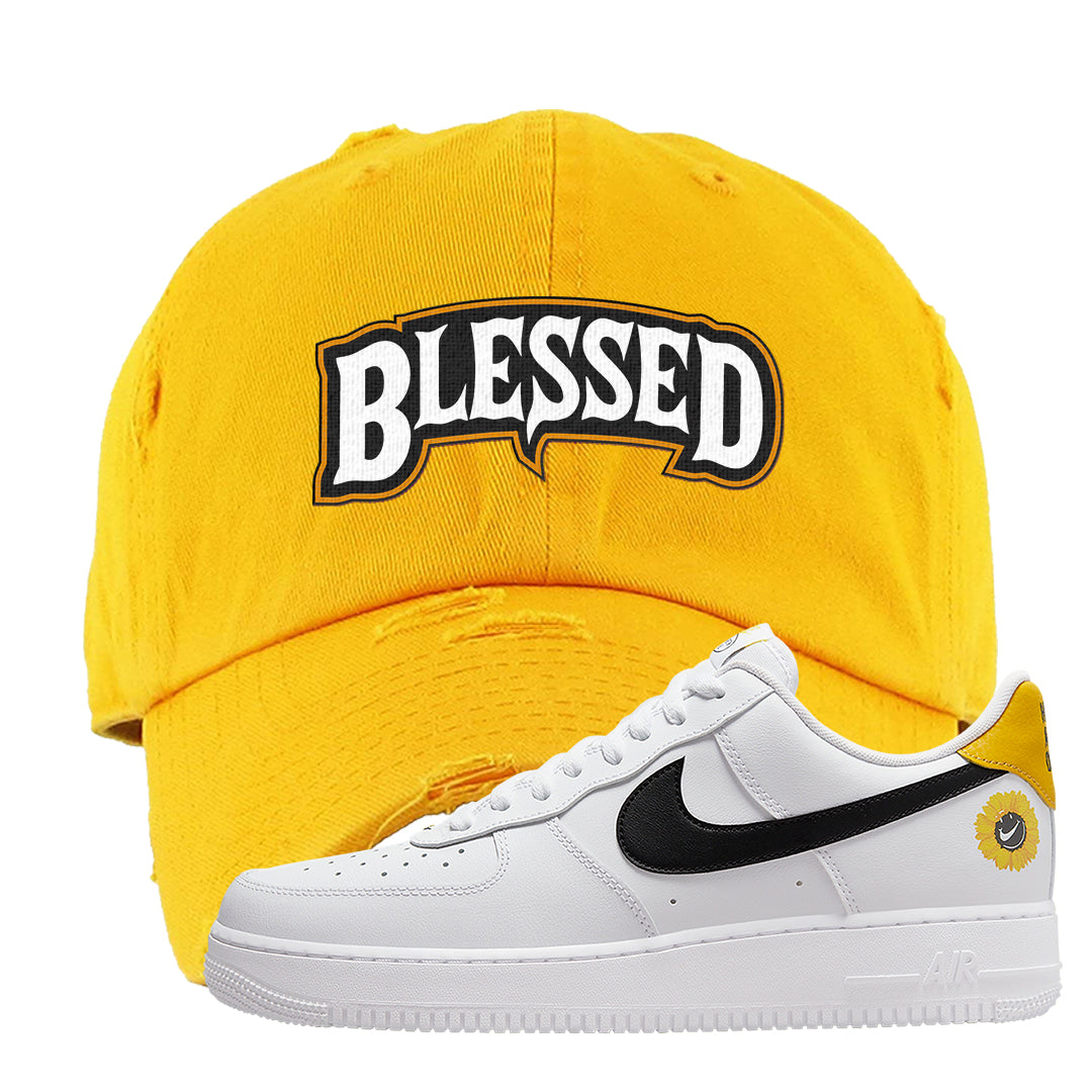 Have A Nice Day AF1s Distressed Dad Hat | Blessed Arch, Gold