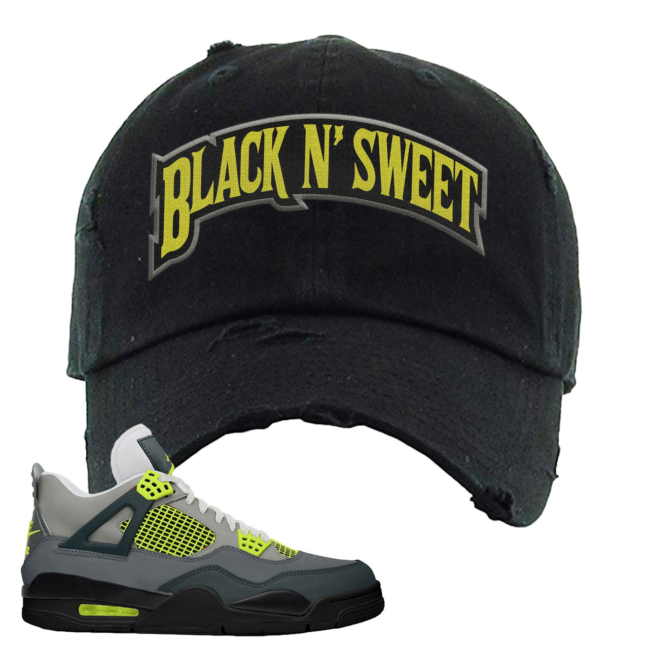 Jordan 4 Neon Sneaker Black Distressed Dad Hat | Hat to match Nike Air Jordan 4 Neon Shoes | Black N Sweet Arch