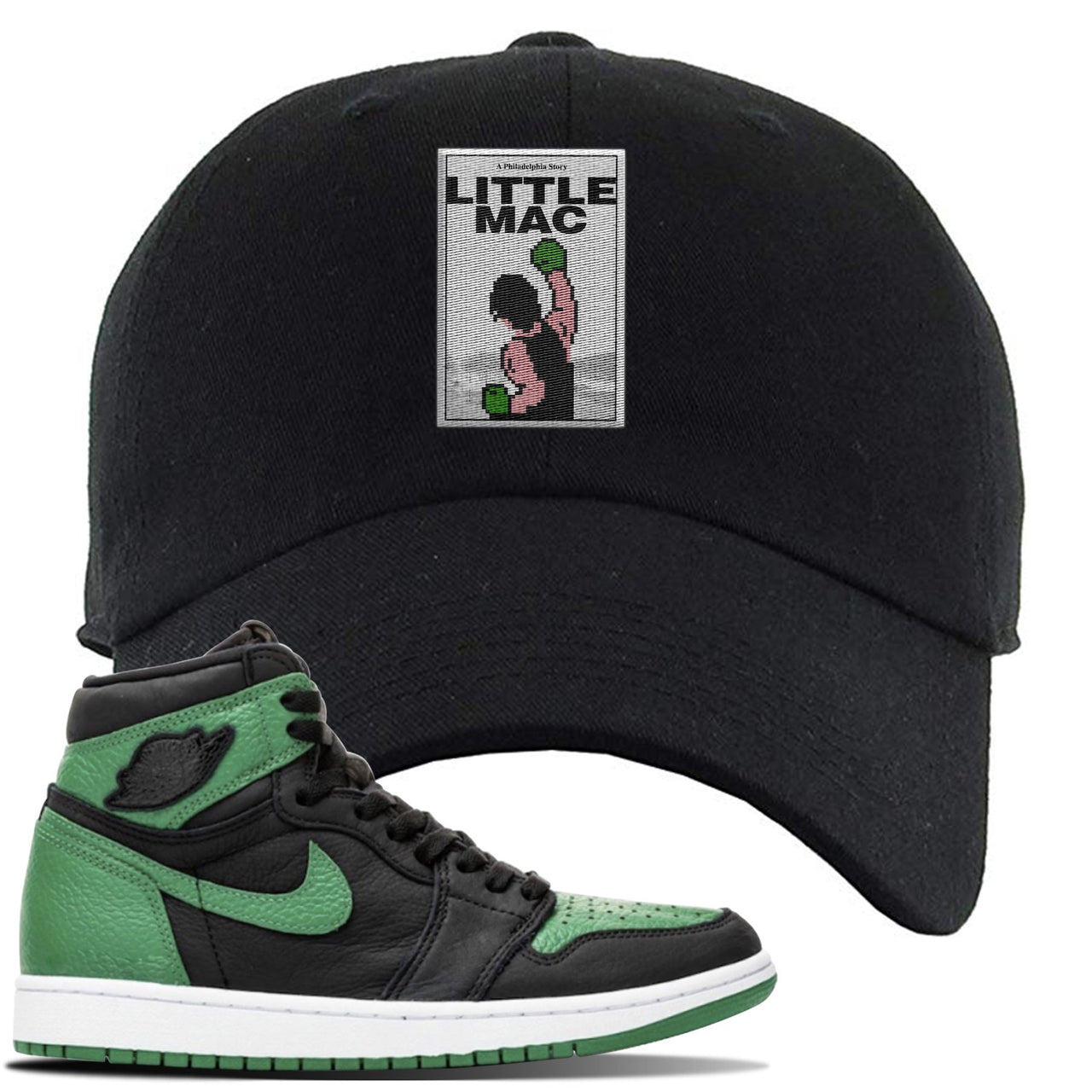 Jordan 1 Retro High OG Pine Green Gym Sneaker Black Dad Hat | Hat to match Air Jordan 1 Retro High OG Pine Green Gym Shoes | Little Mac A Philly Story