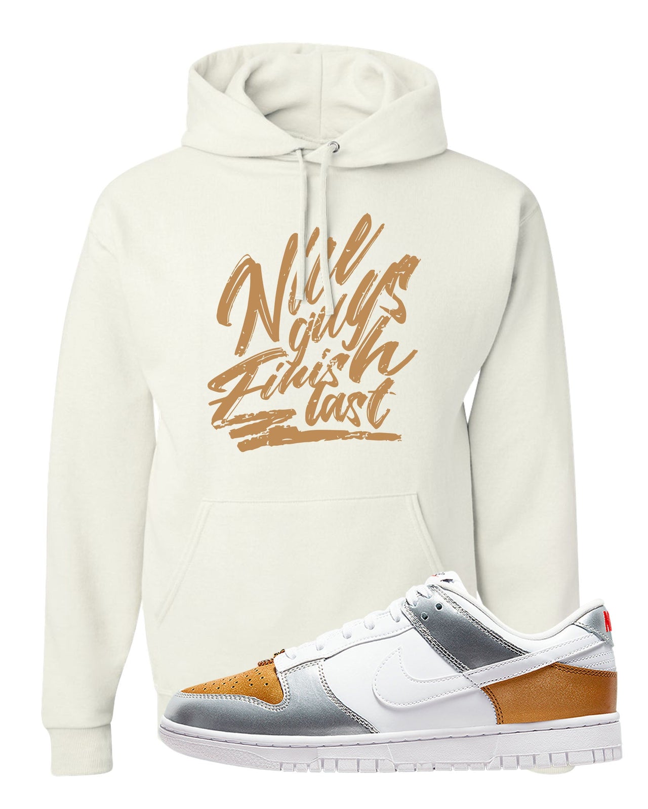 Gold Silver Red Low Dunks Hoodie | Nice Guys Finish Last, White