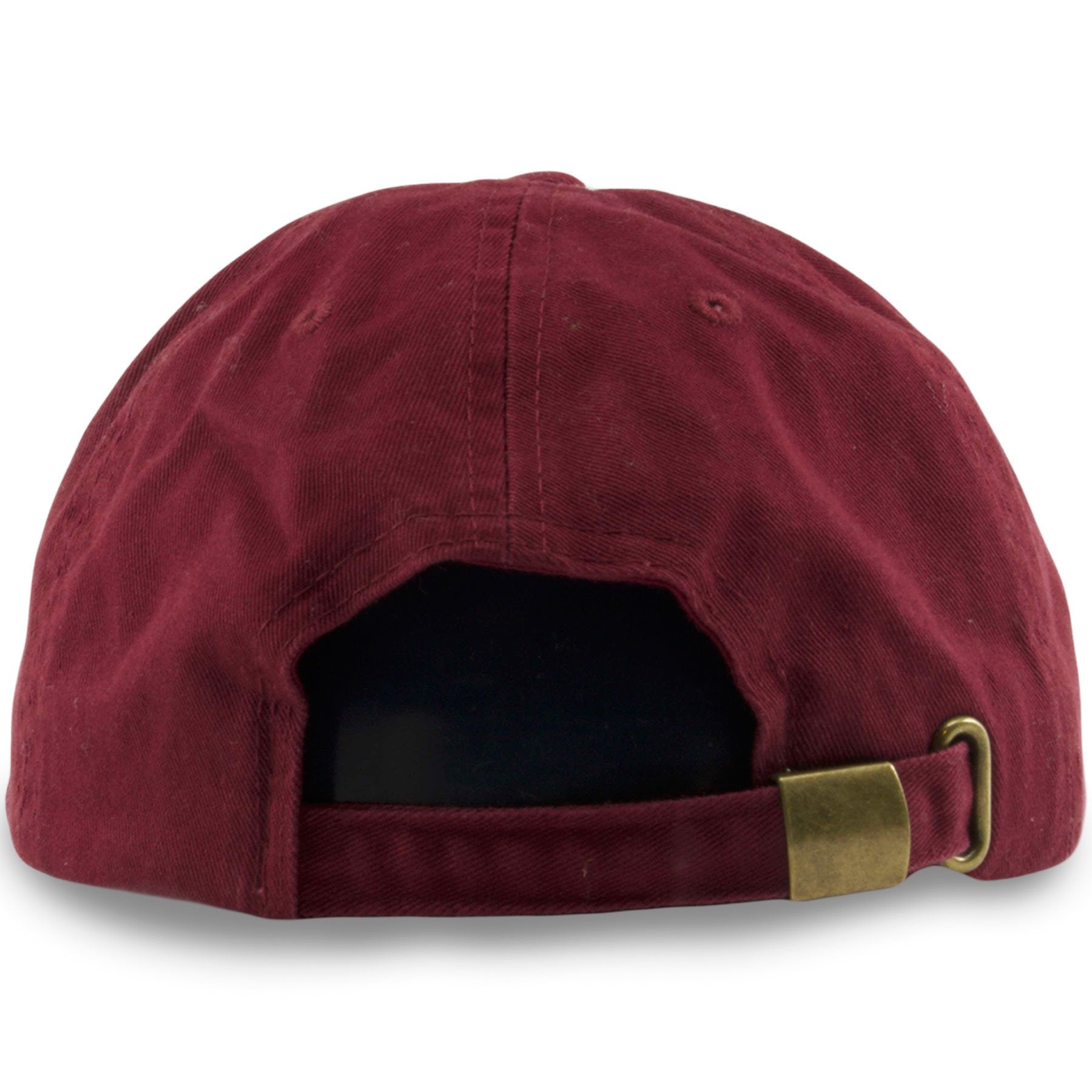 the back of the maroon adjustable boy bye dad hat is a maroon adjustable strap that is secured by a metallic closure