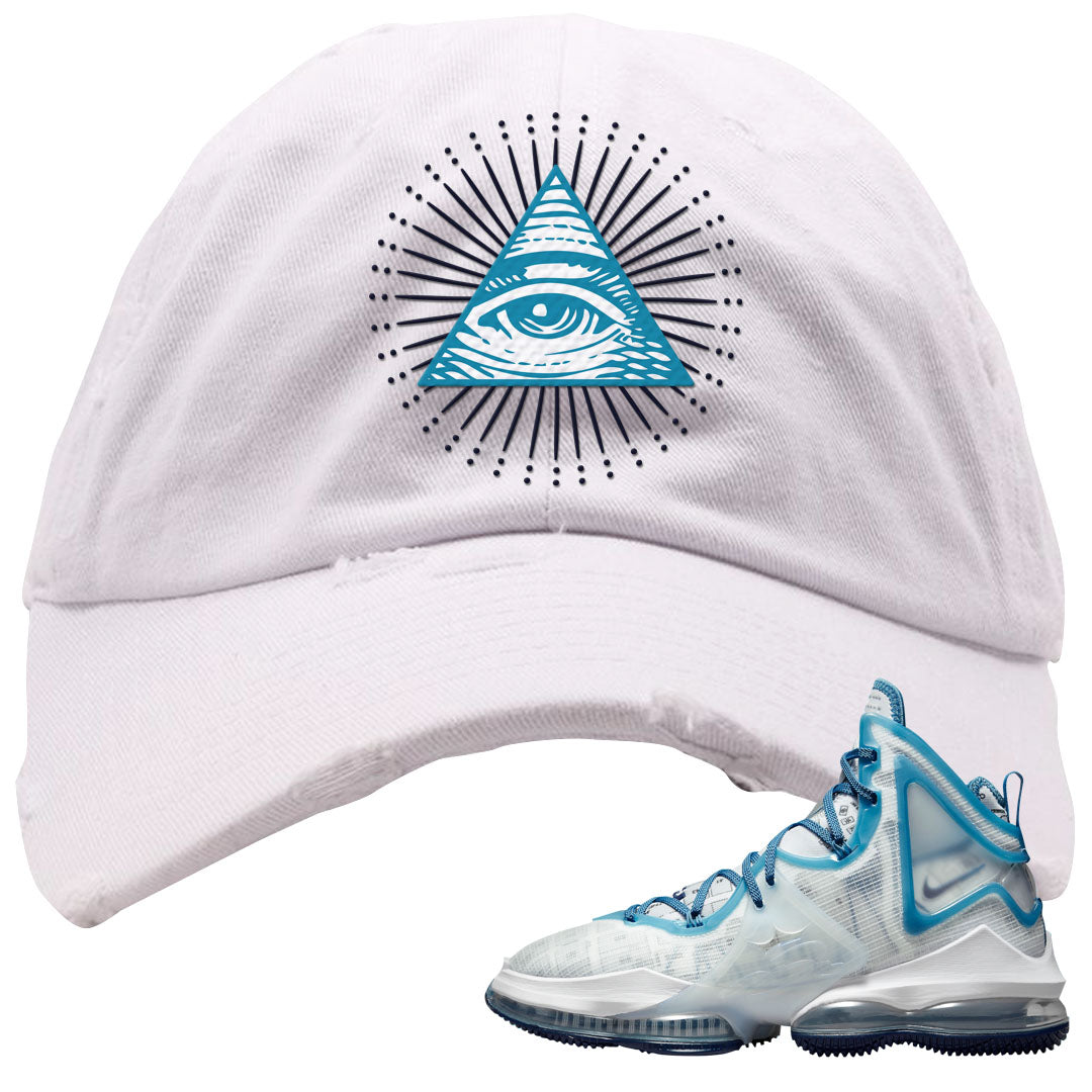 White Blue Space Bron 19s Distressed Dad Hat | All Seeing Eye, White