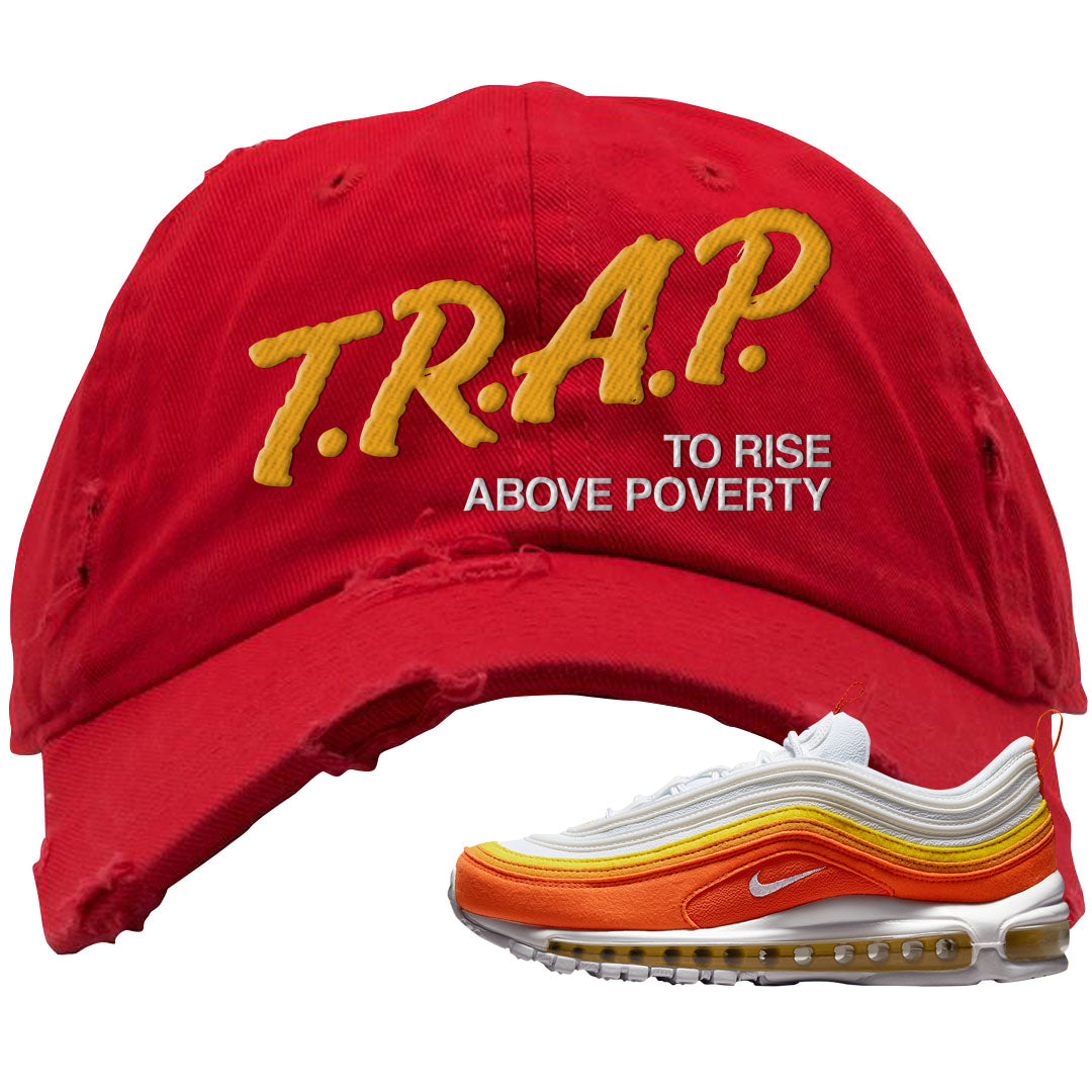 Club Orange Yellow 97s Distressed Dad Hat | Trap To Rise Above Poverty, Red