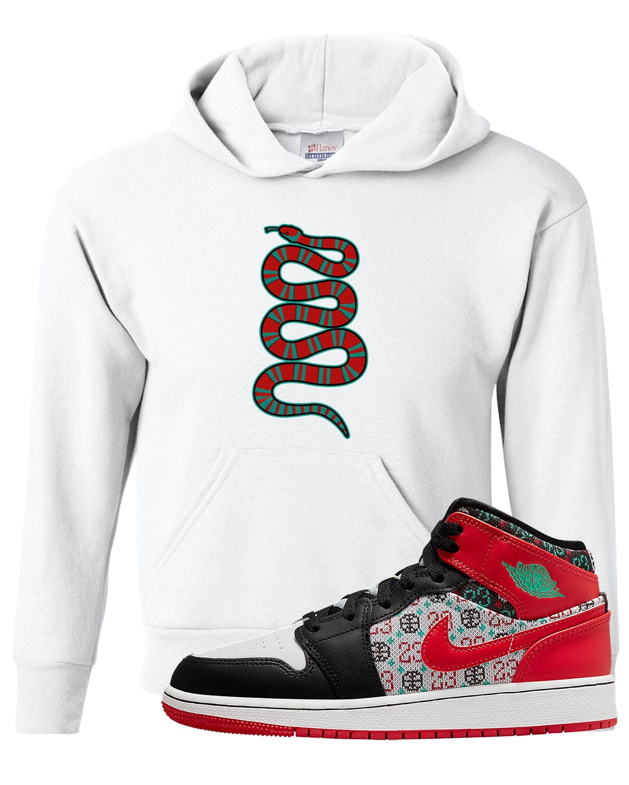 Ugly Sweater GS Mid 1s Kid's Hoodie | Coiled Snake, White