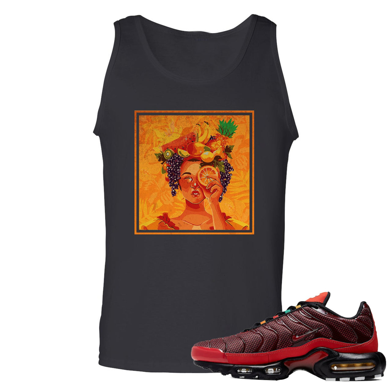 printed on the front of the nike air plus sunburst sneaker matching black tank top is the lady fruit logo