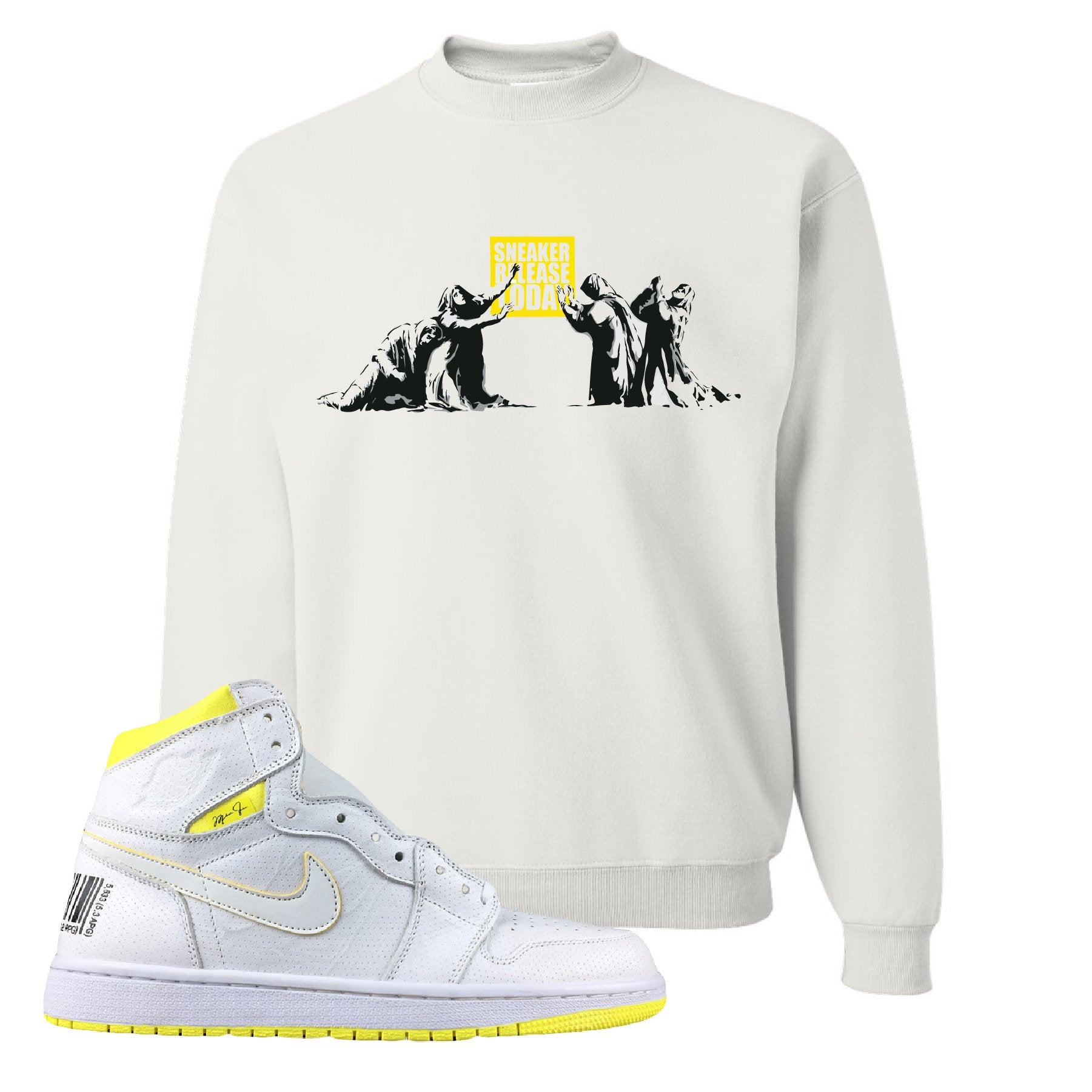 Air Jordan 1 First Class Flight Sneaker Release Today White Sneaker Matching Crewneck Sweatshirt