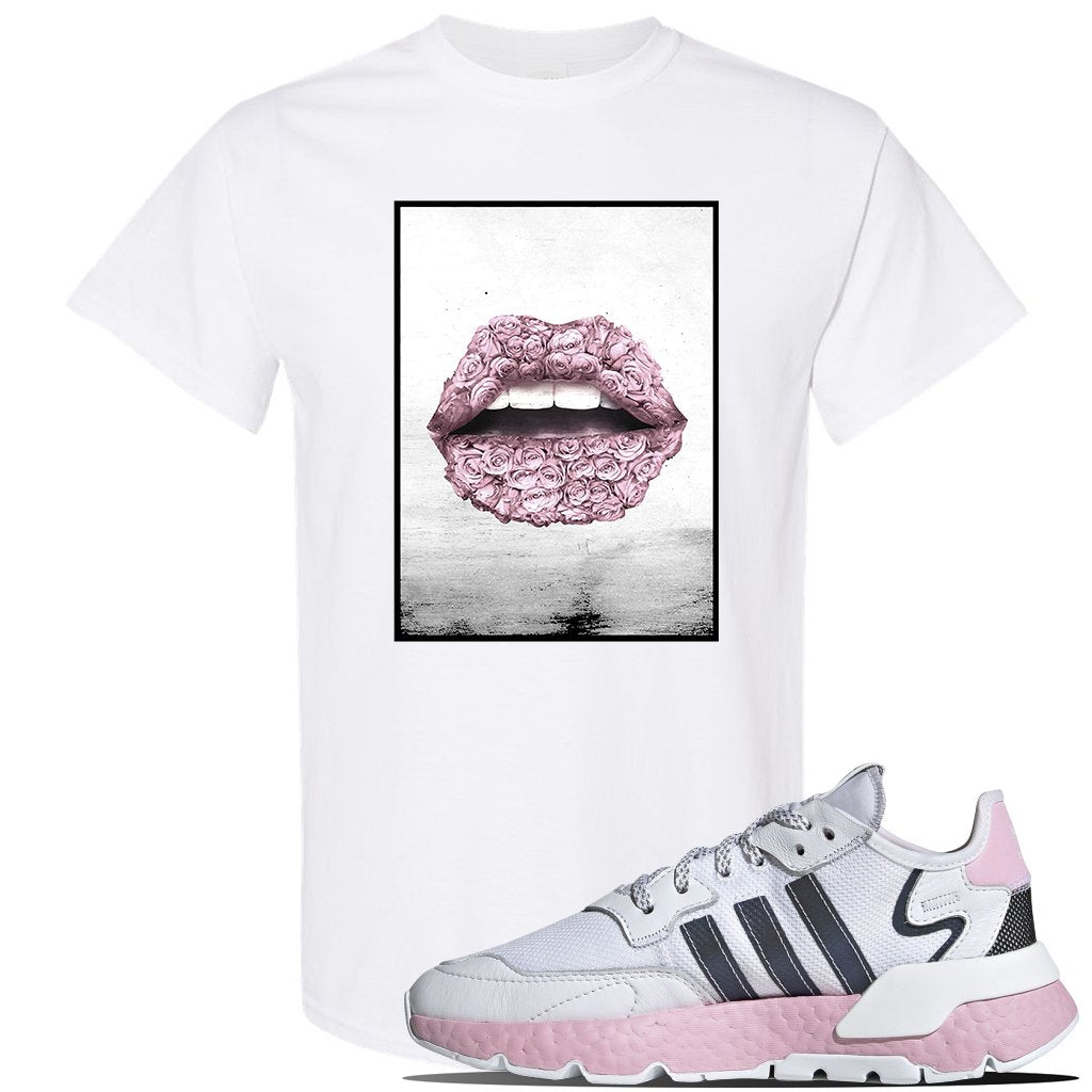 WMNS Nite Jogger Pink Boost Sneaker White T Shirt | Tees to match Adidas WMNS Nite Jogger Pink Boost Shoes | Rose Lips
