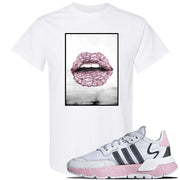 WMNS Nite Jogger Pink Boost Sneaker White T Shirt | Tees to match Adidas WMNS Nite Jogger Pink Boost Shoes | Rose Lips