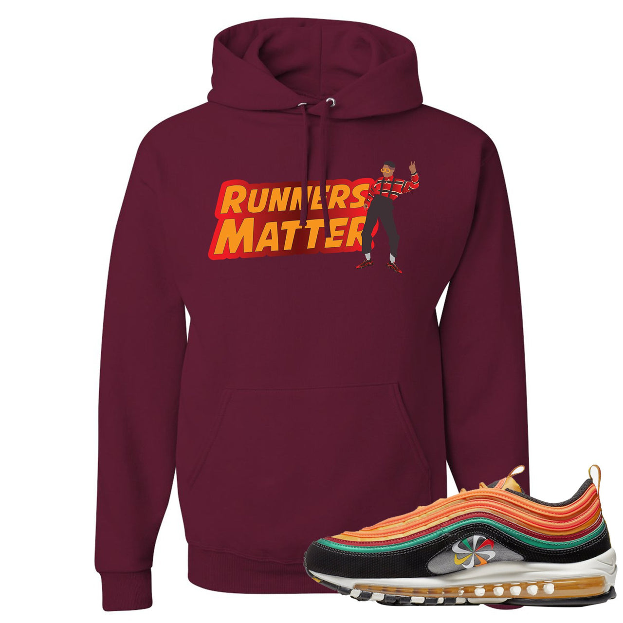 Printed on the front of the Air Max 97 Sunburst maroon sneaker matching pullover hoodie is the Runners Matter logo