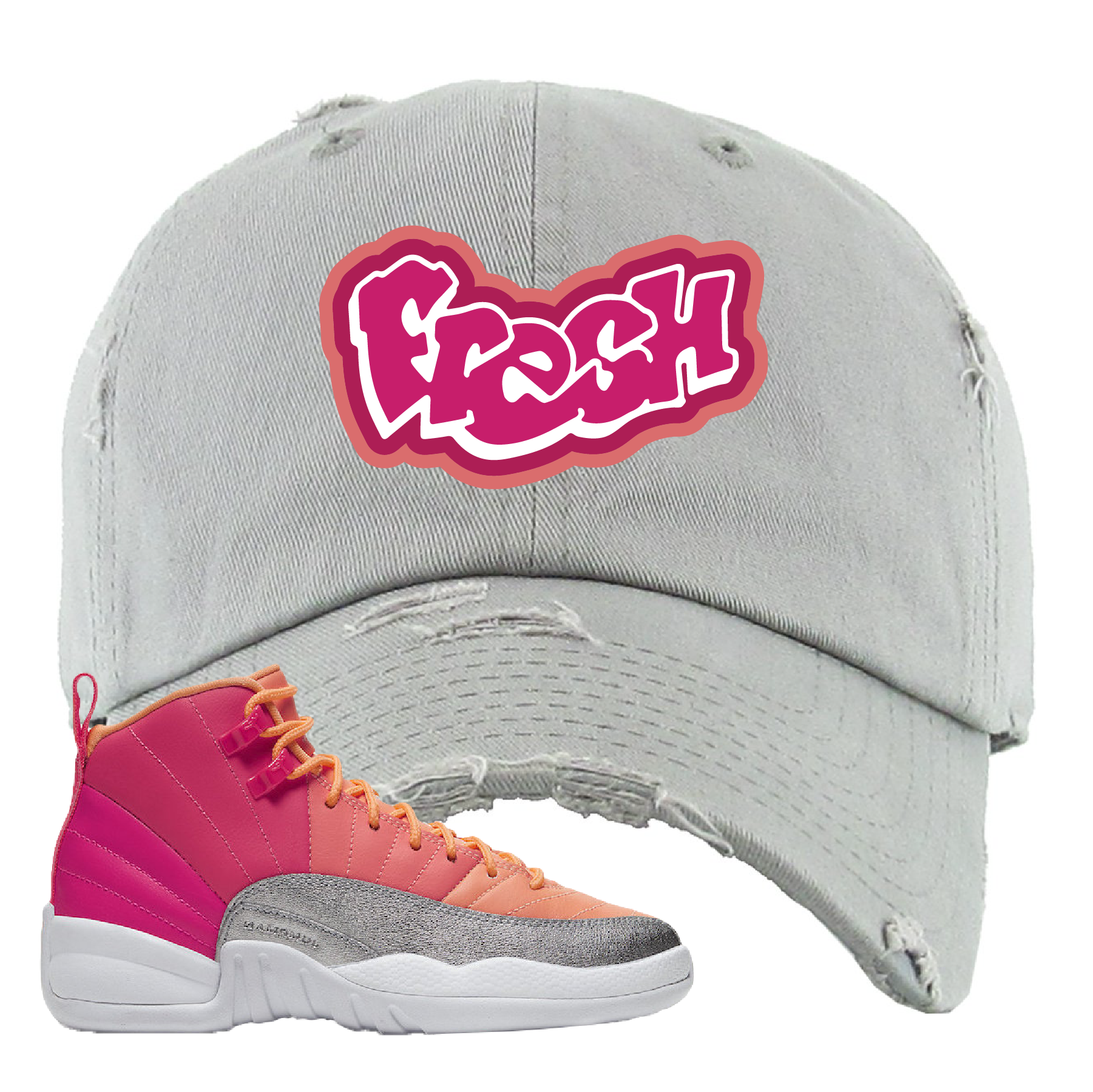 Air Jordan 12 GS Hot Punch Fresh Light Gray Sneaker Matching Distressed Dad Hat