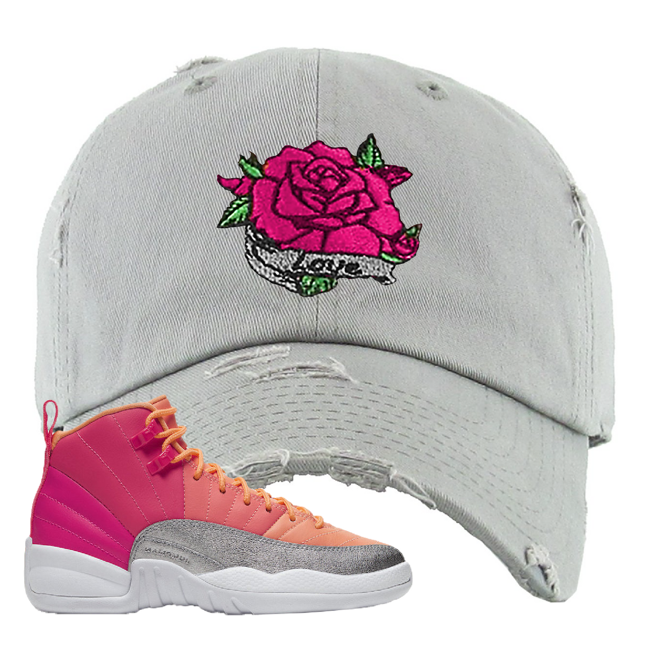 Air Jordan 12 GS Hot Punch Rose Love Light Gray Sneaker Matching Distressed Dad Hat