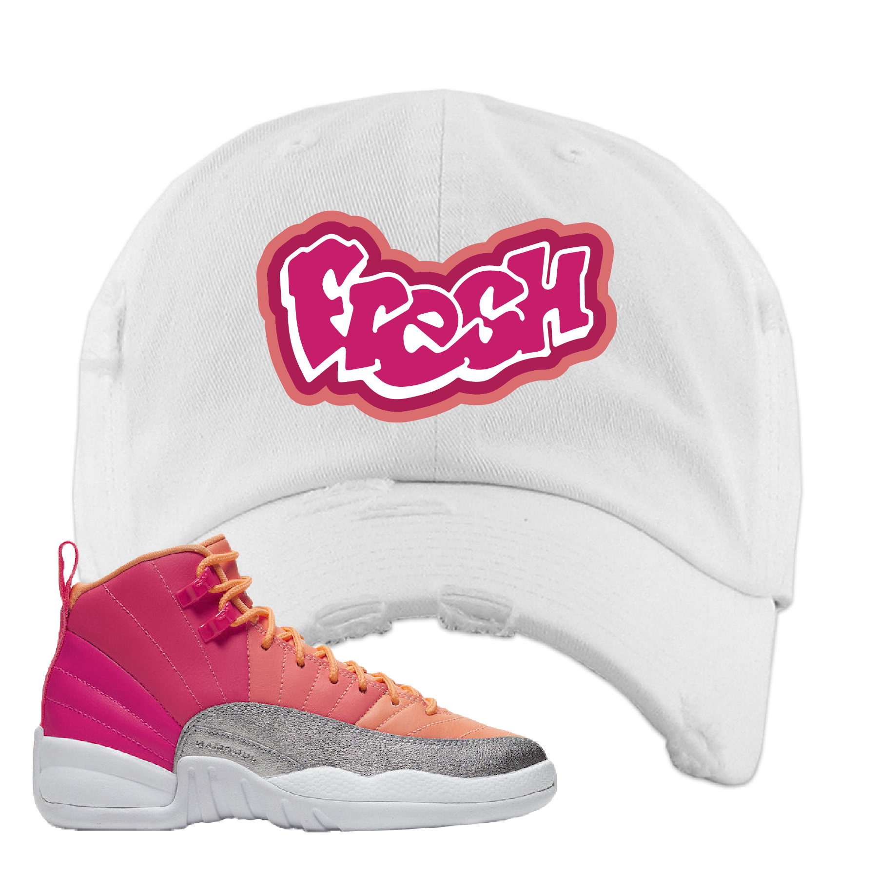 Air Jordan 12 GS Hot Punch Fresh White Sneaker Matching Distressed Dad Hat