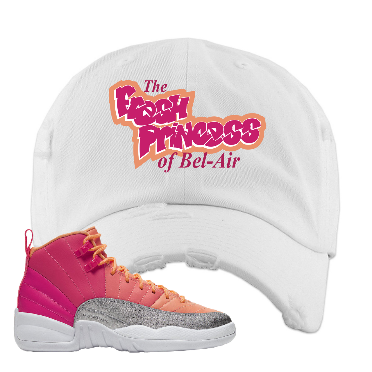 Air Jordan 12 GS Hot Punch Fresh Princess of Bel Air White Sneaker Matching Distressed Dad Hat