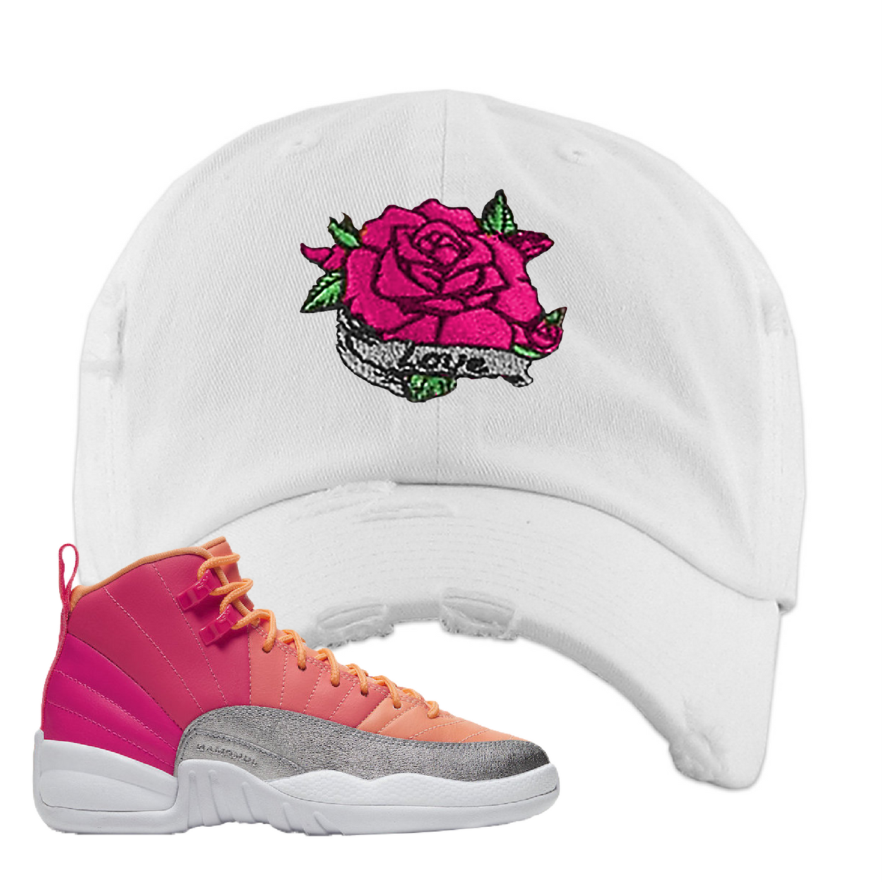 Air Jordan 12 GS Hot Punch Rose Love White Sneaker Matching Distressed Dad Hat