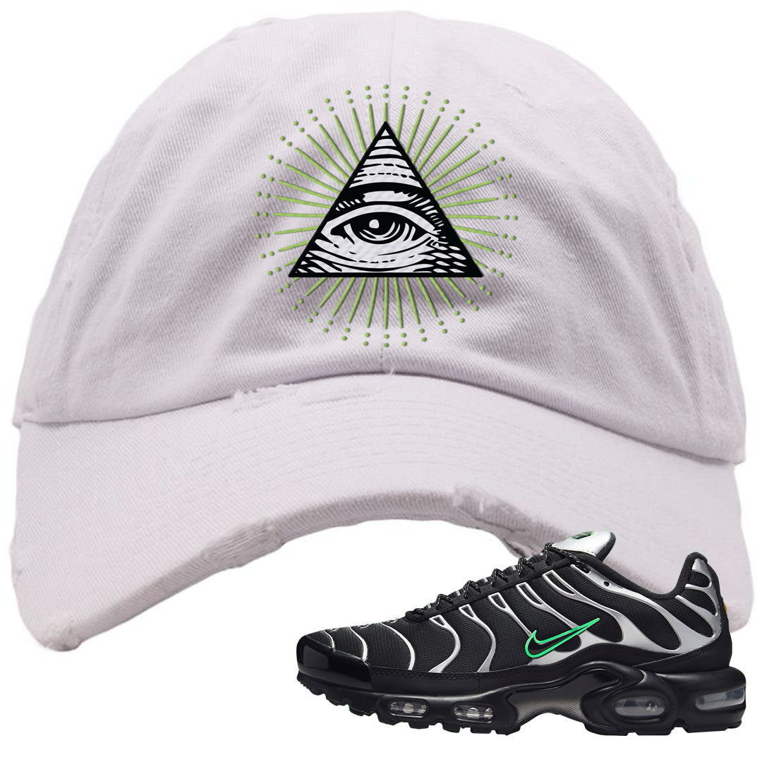 Neon Green Black Grey Pluses Distressed Dad Hat | All Seeing Eye, White