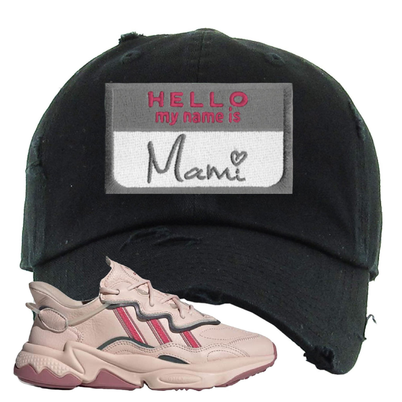 Adidas WMNS Ozweego Icy Pink Hello My Name is Mami Black Sneaker Hook Up Distressed Dad Hat