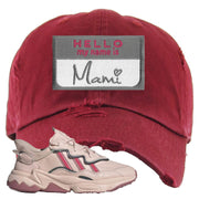 Adidas WMNS Ozweego Icy Pink Hello My Name is Mami Maroon Sneaker Hook Up Distressed Dad Hat