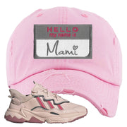 Adidas WMNS Ozweego Icy Pink Hello My Name is Mami Pink Sneaker Hook Up Distressed Dad Hat