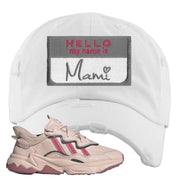 Adidas WMNS Ozweego Icy Pink Hello My Name is Mami White Sneaker Hook Up Distressed Dad Hat