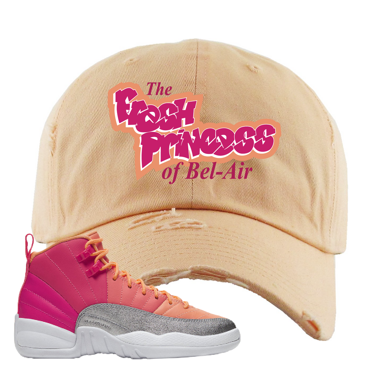 Air Jordan 12 GS Hot Punch Fresh Princess of Bel Air Peach Sneaker Matching Distressed Dad Hat