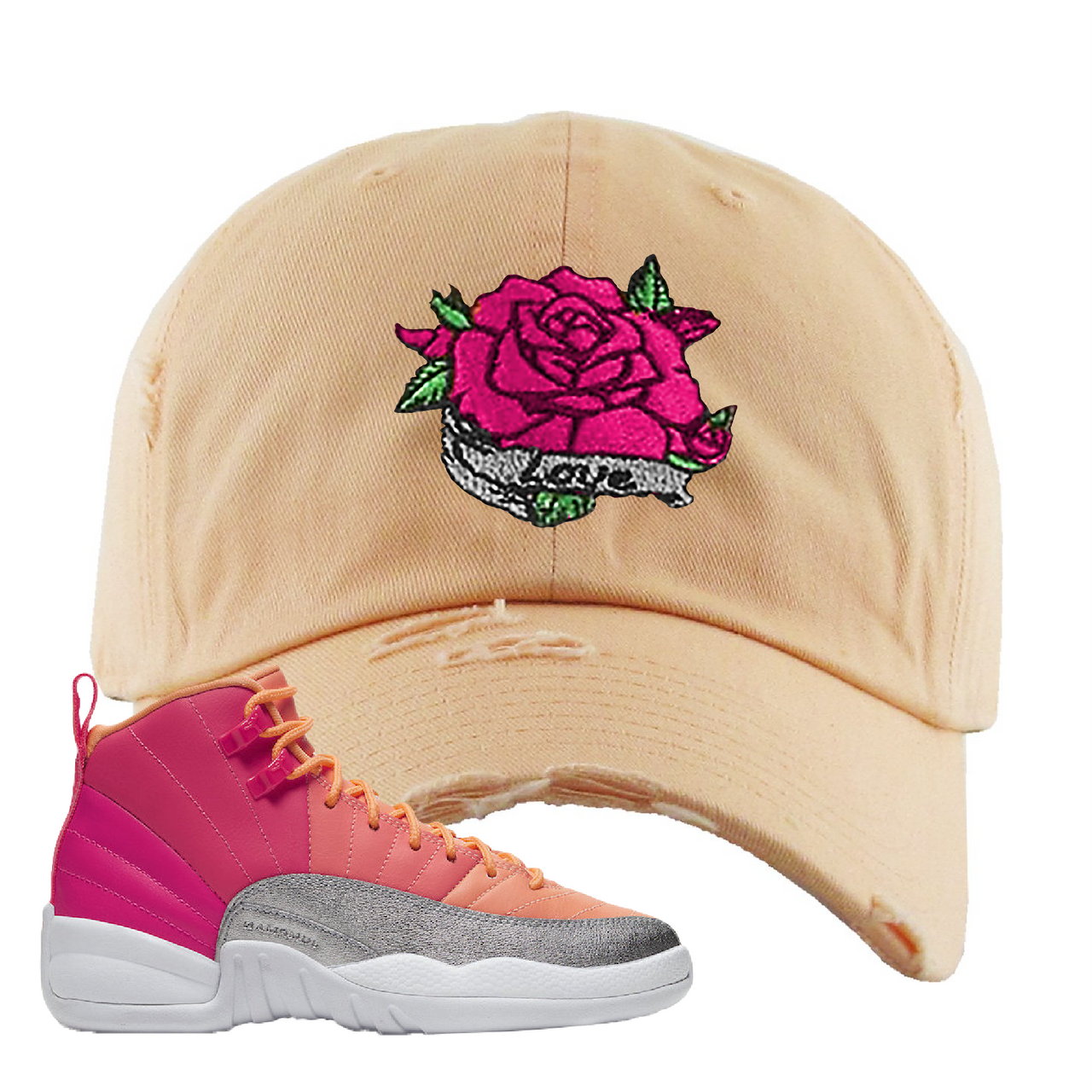 Air Jordan 12 GS Hot Punch Rose Love Peach Sneaker Matching Distressed Dad Hat