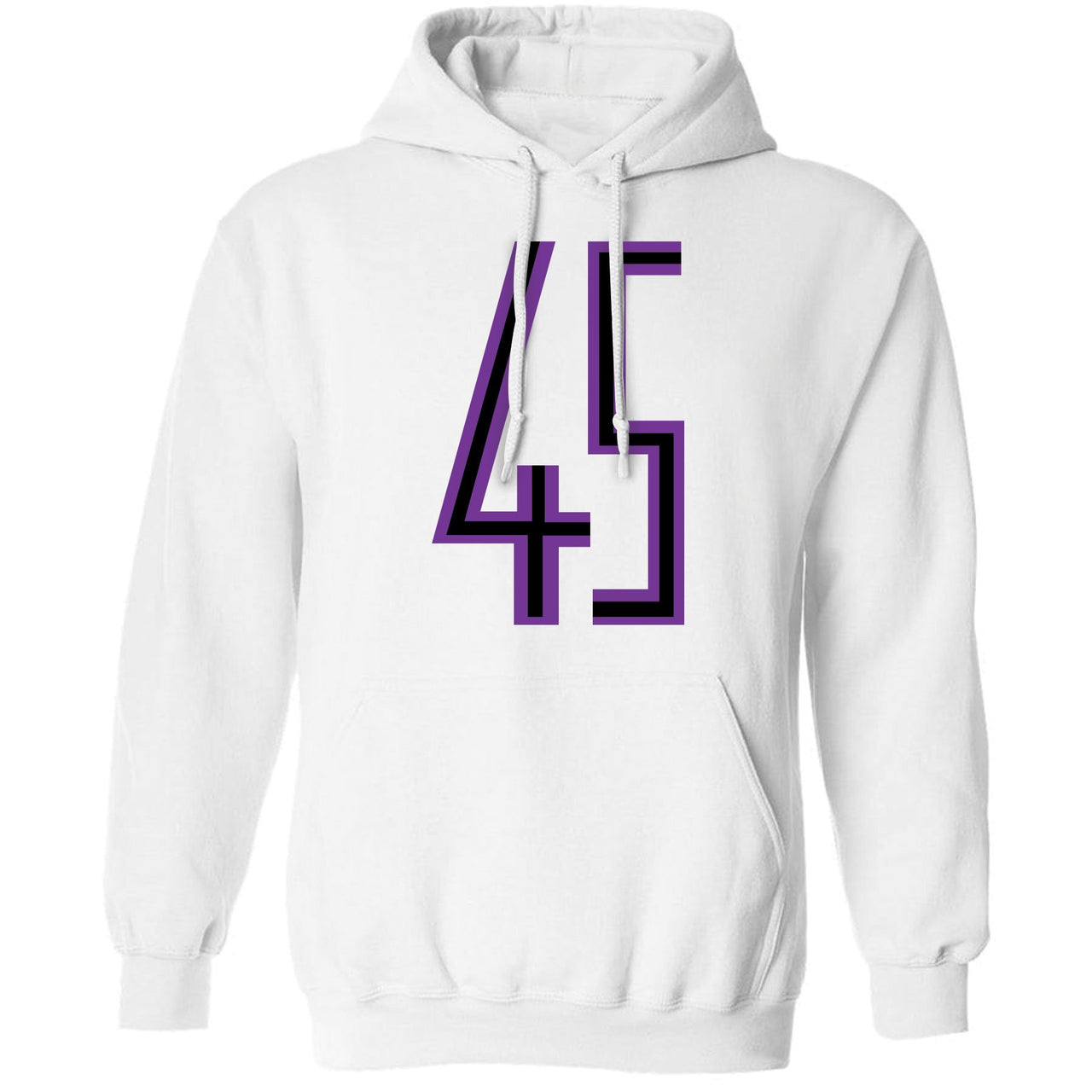 Printed on the front of the white pullover Jordan 11 Concord 45 sneaker matching hoodie is the 45 logo in purple and black