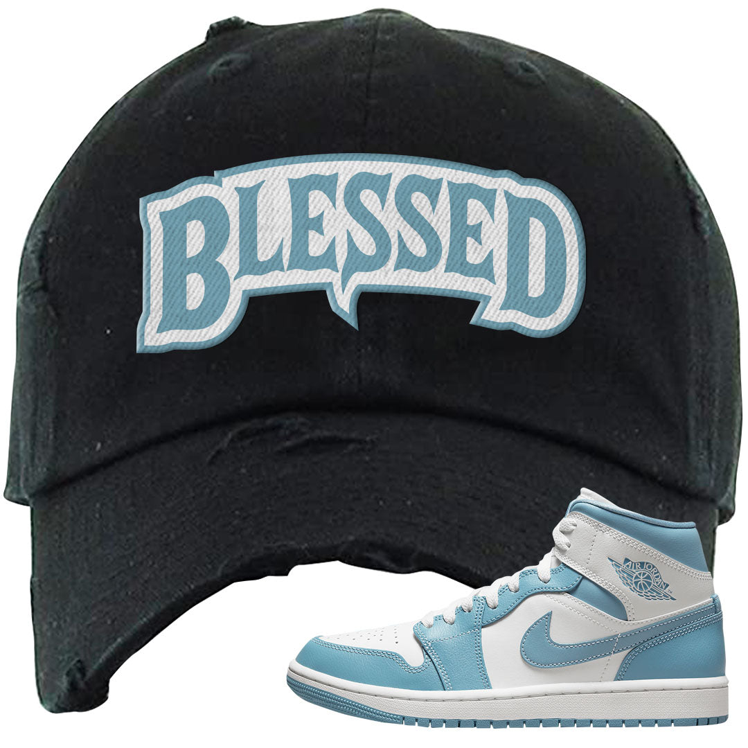 University Blue Mid 1s Distressed Dad Hat | Blessed Arch, Black