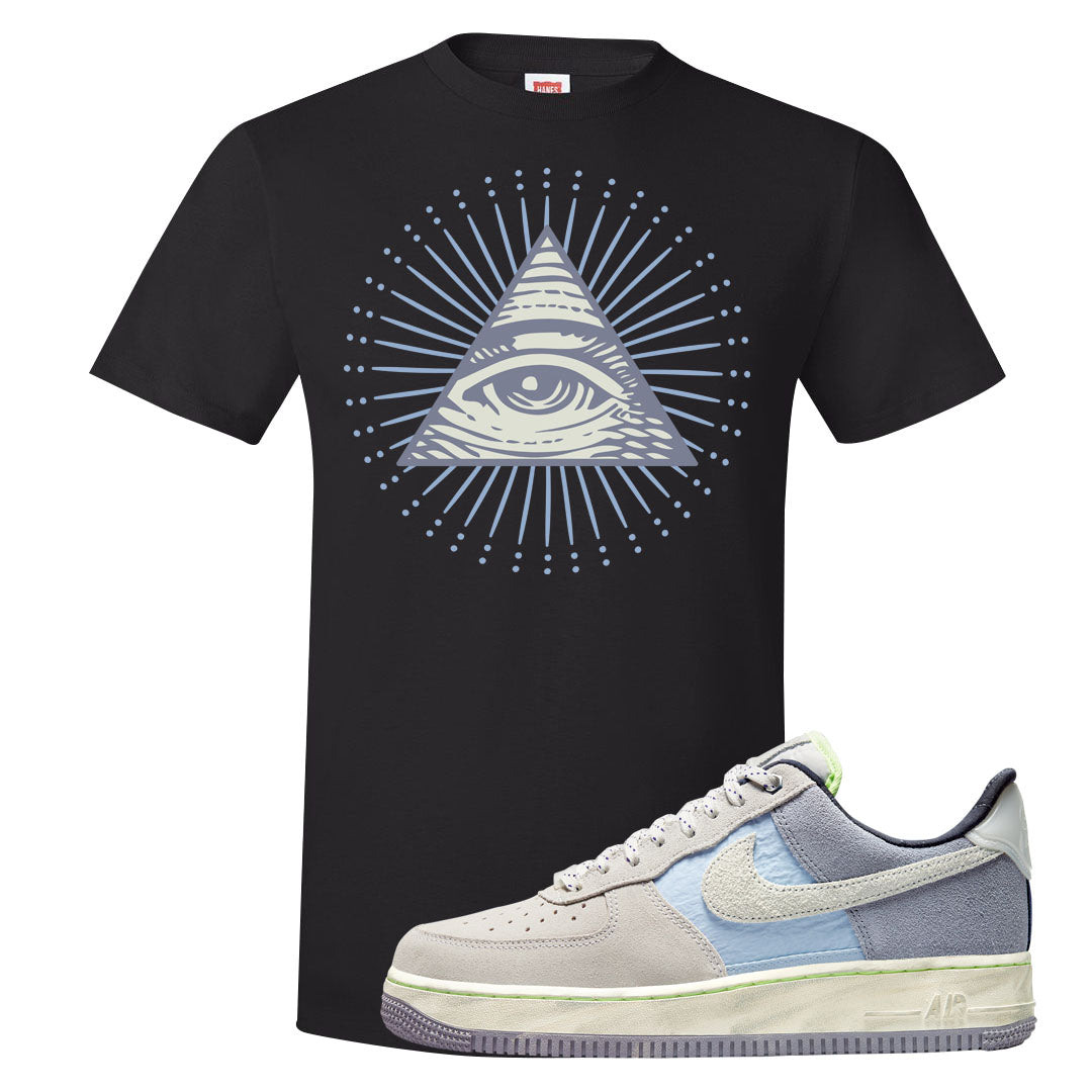 Womens Mountain White Blue AF 1s T Shirt | All Seeing Eye, Black