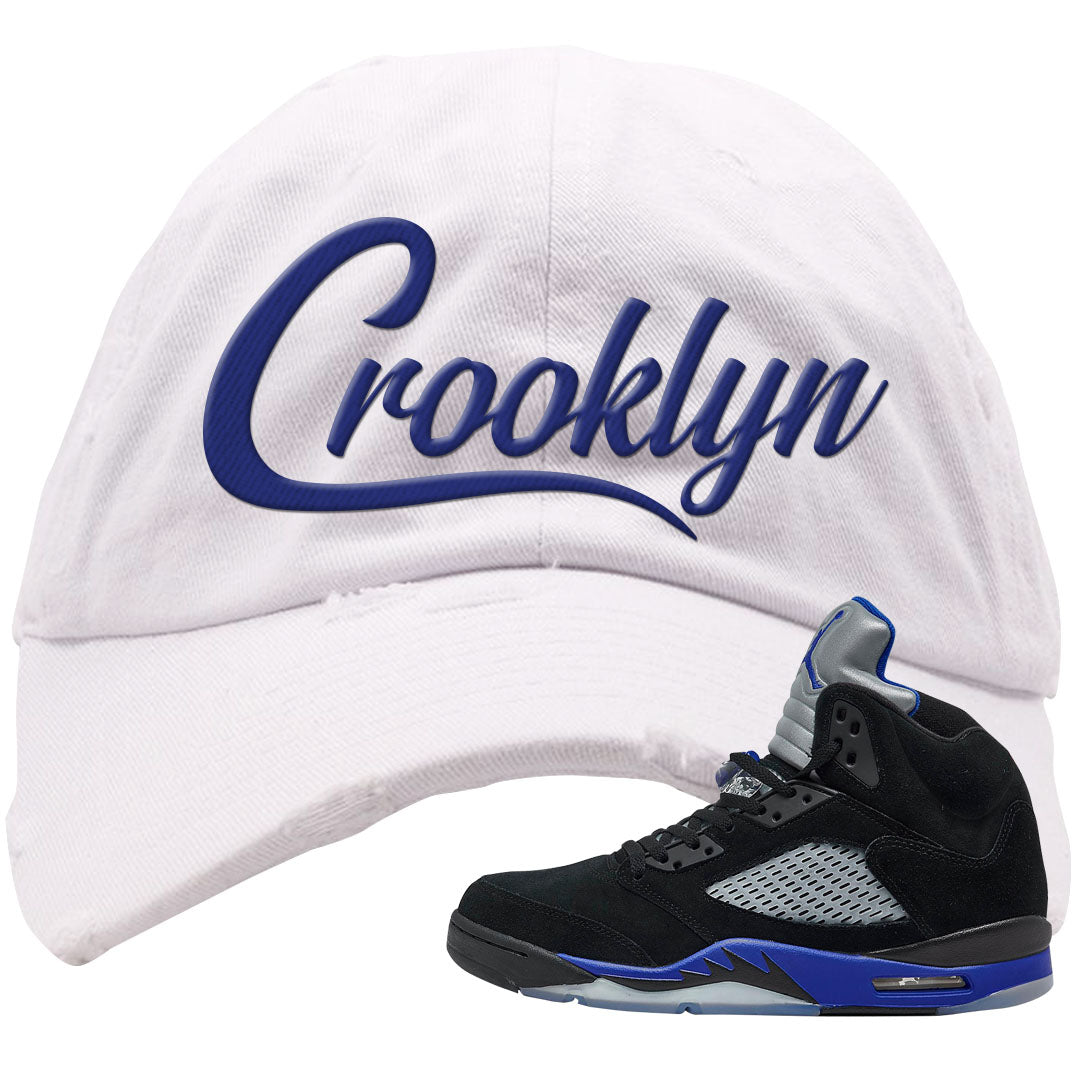 Racer Blue 5s Distressed Dad Hat | Crooklyn, White