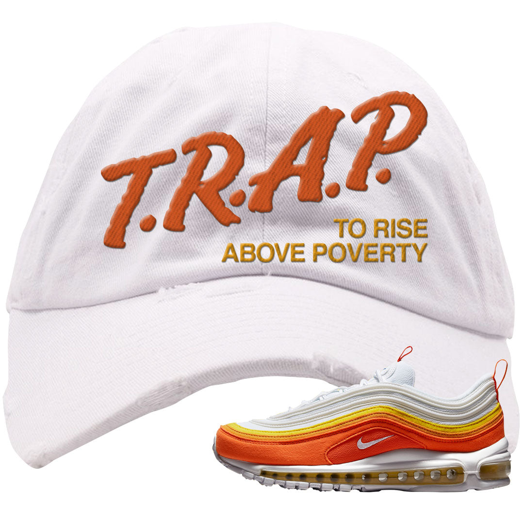 Club Orange Yellow 97s Distressed Dad Hat | Trap To Rise Above Poverty, White
