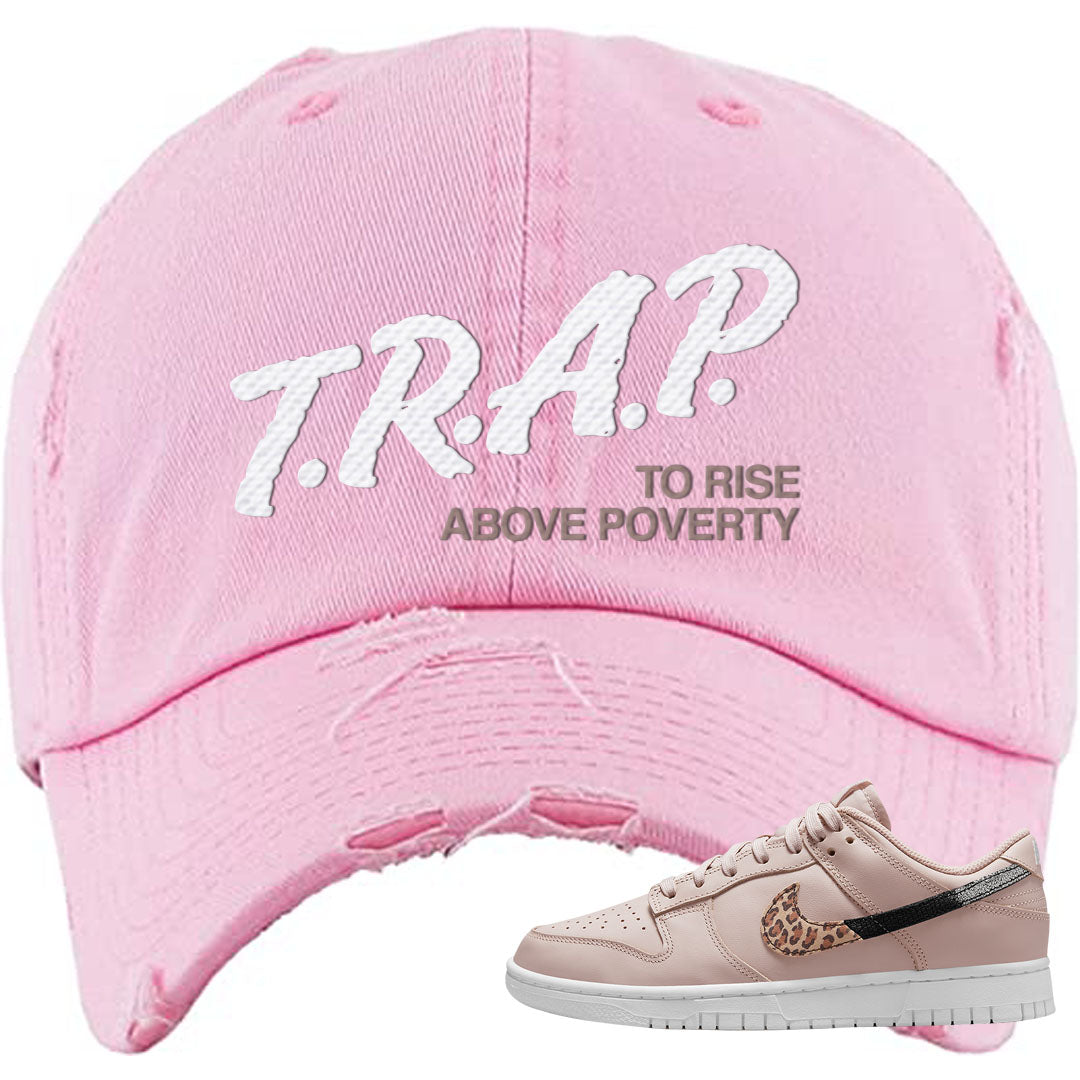 Primal Dusty Pink Leopard Low Dunks Distressed Dad Hat | Trap To Rise Above Poverty, Light Pink