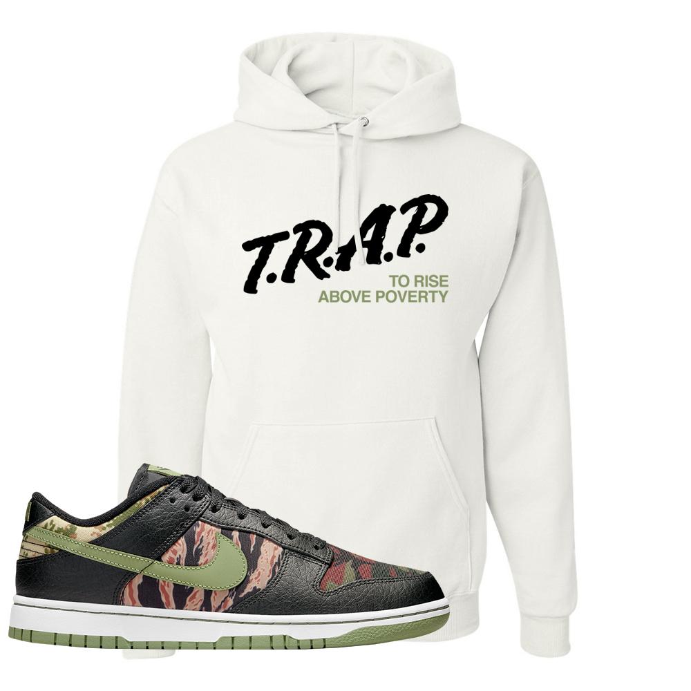 Multi Camo Low Dunks Hoodie | Trap To Rise Above Poverty, White
