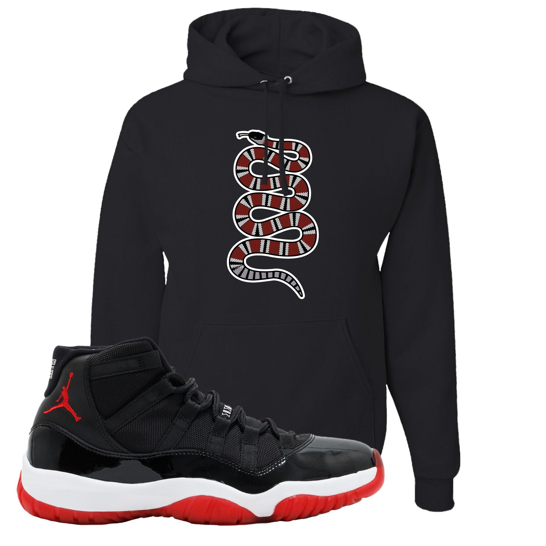 Jordan 11 Bred Coiled Snake Black Sneaker Hook Up Pullover Hoodie