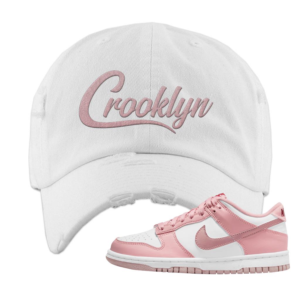 Pink Velvet Low Dunks Distressed Dad Hat | Crooklyn, White
