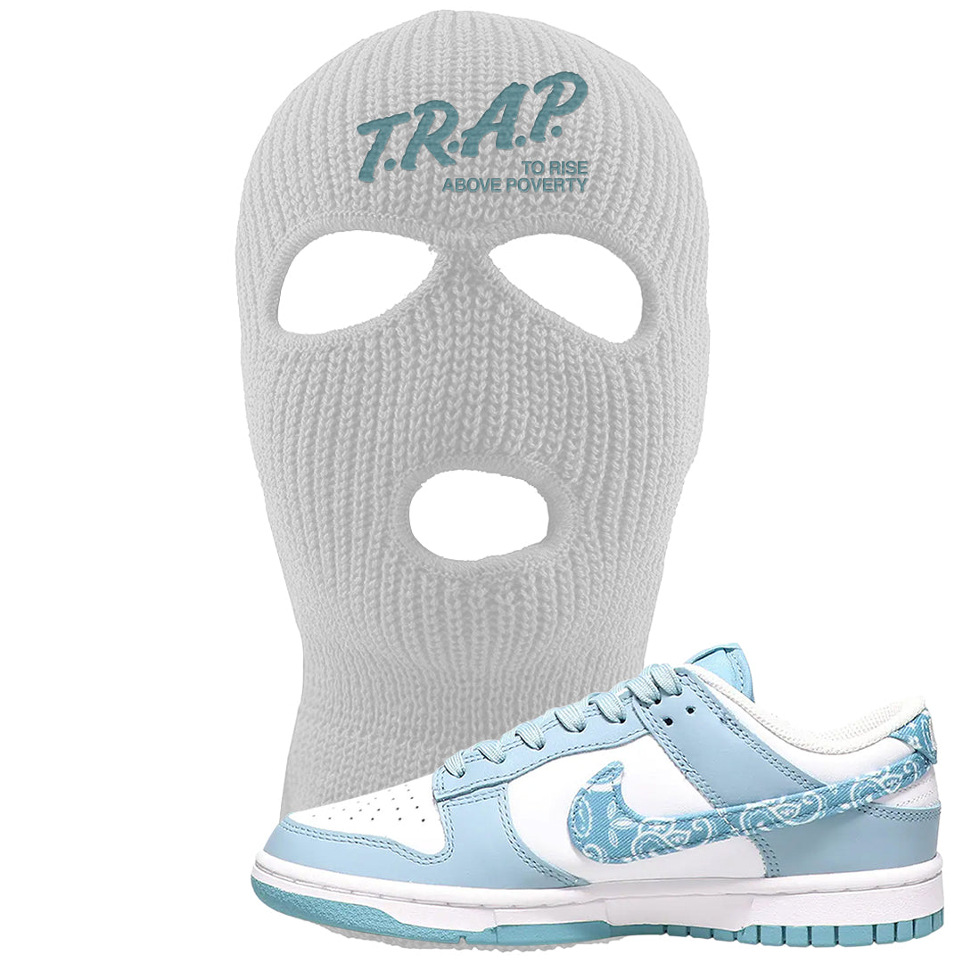 Paisley Light Blue Low Dunks Ski Mask | Trap To Rise Above Poverty, White