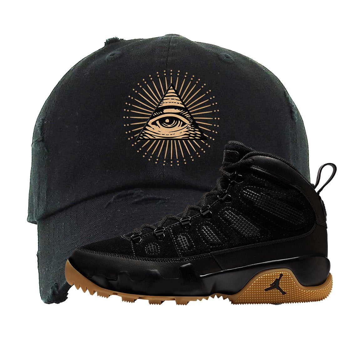 NRG Black Gum Boot 9s Distressed Dad Hat | All Seeing Eye, Black