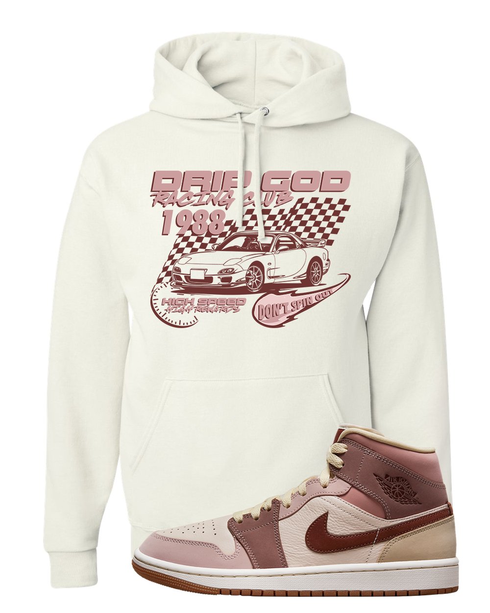 Pink Sand Mauve Mid 1s Hoodie | Drip God Racing Club, White